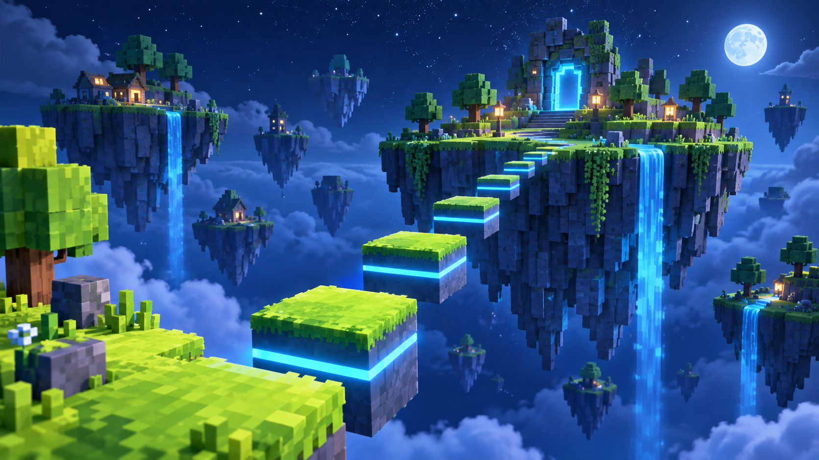 An imaginative floating game world with colorful islands and glowing platforms